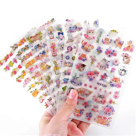 6 Sheets/Set Cute Kawaii Cat Flower Stickers DIY Planner Book Diary PVC ...