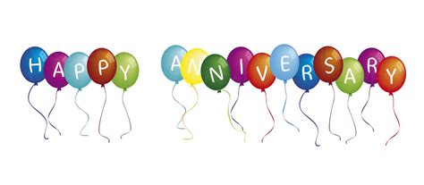 Happy anniversary on colourful balloons against white background stock photo