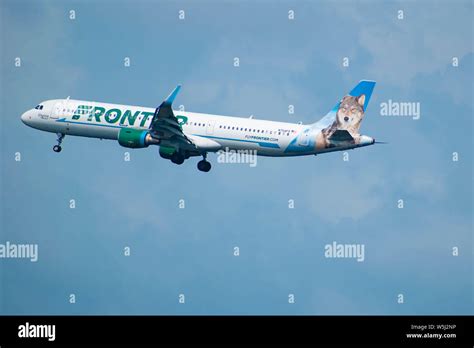 Orlando, Florida. July 09, 2019 . Frontier Airlines departing from Orlando International Airport ...