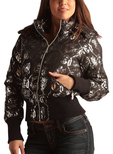 Ed Hardy Black/Silver Womens Logo Puffer Jacket | eBay