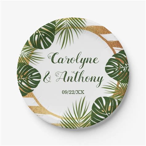 Gold Foil & Green Palm Leaf Beach Wedding Paper Plates | Zazzle