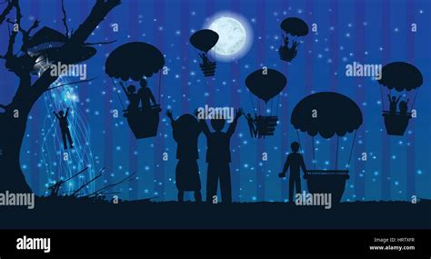 UFOs kidnapping people silhouette travel landscape air balloon. illustration. use a smart phone ...