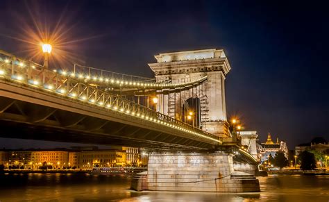 Closeup of the Bridge at night with the lights in Budapest, Hungary ...