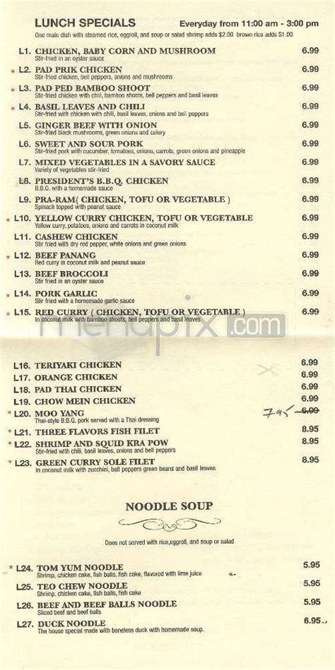 Menu of President Thai in Pasadena, CA 91107