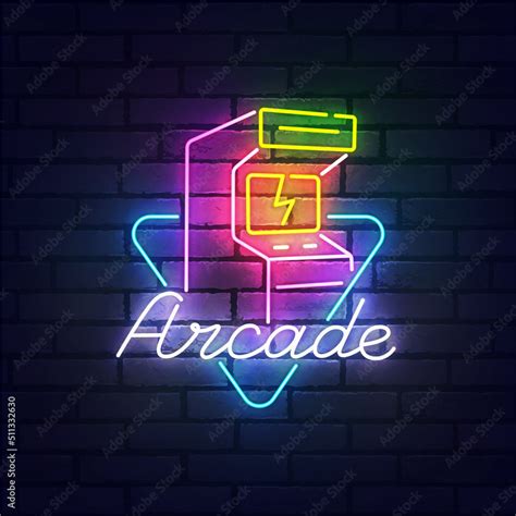 Arcade Game neon sign, bright signboard, light banner. Arcade machine logo neon, emblem. Vector ...