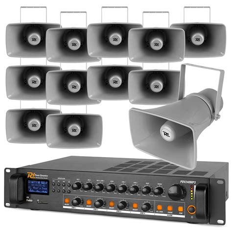 4-Zone Outdoor PA System with Horn Speakers & 100V Bluetooth Amplifier, Set of 12