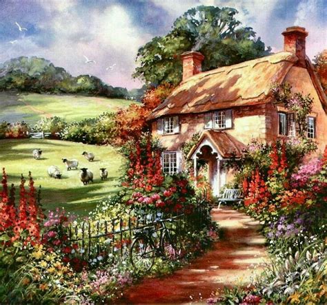 Cottage Painting, Painted Cottage, Cottage Art, Seaside Cottage, Landscape Art, Landscape ...