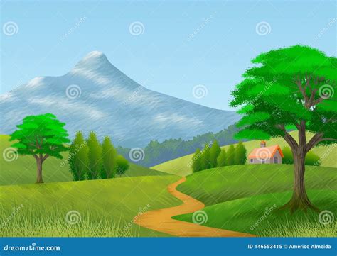 Nature Landscape with Mountain, Trees, Hills, a Path and a Cottage. Wallpaper. Background Stock ...