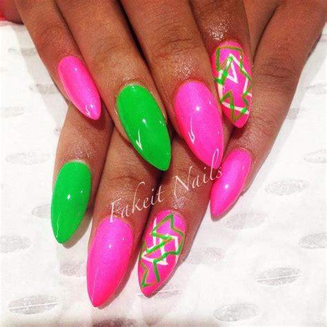 Pink & green acrylic nails with bright hand painted design by Fakeit Nails | Green nails, Green ...