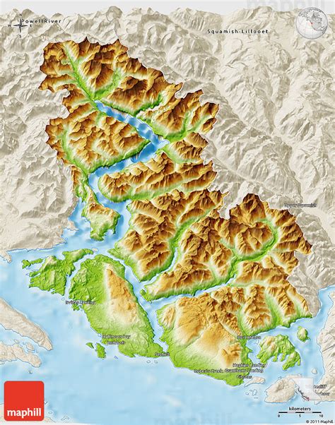 Physical 3D Map of Sunshine Coast, shaded relief outside