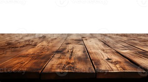 a front view of a dark rustic brown, empty wooden table with transparent background, serving as ...