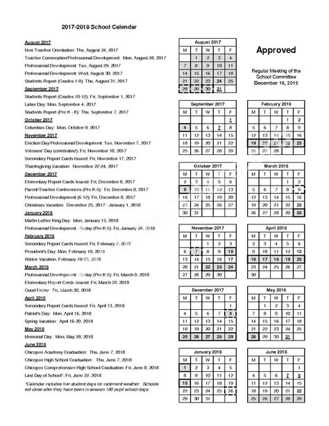 2017 - 2018 School Calendar | Chicopee Public Schools – Chicopee, MA