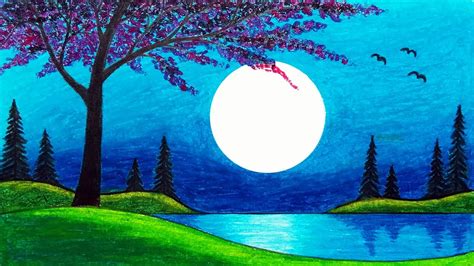 How to Draw Beautiful Moonlight Over the Lake Scenery | Oil Pastels ...