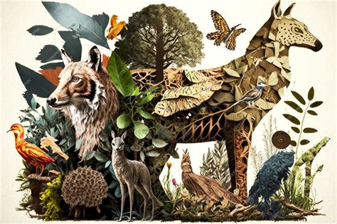 Premium Photo | Wildlife animals and birds in forest art paper collage created with generative ai