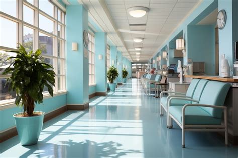 Premium Photo | Serene hospital hallway with blue seating and pristine ...