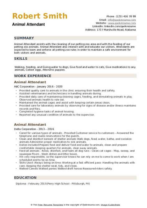 Animal Attendant Resume Samples | QwikResume