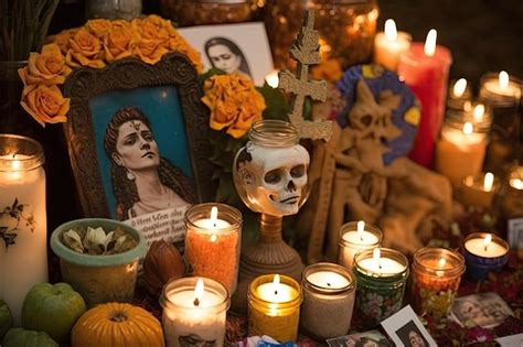 Premium AI Image | Day of the dead altar with candles offerings and photographs of loved ones