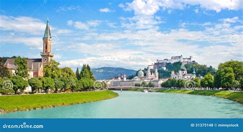 Salzburg Skyline With Festung Hohensalzburg And Salzach River In Summer ...