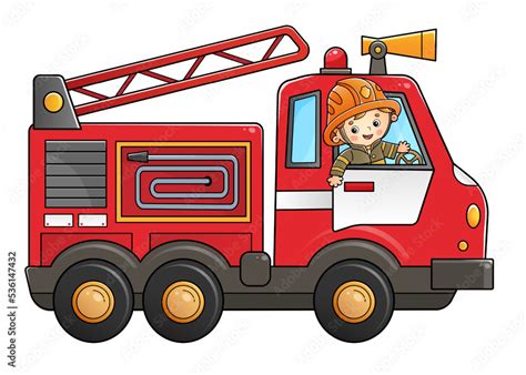 Cartoon fire truck with fireman or firefighter. Professional transport. Profession. Colorful ...