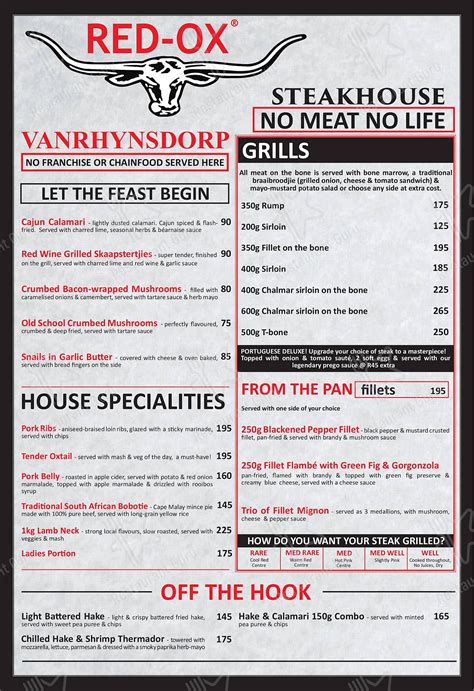 Menu at Red Ox Steakhouse Vanrhynsdorp, Vanrhynsdorp