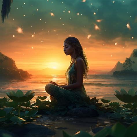 Premium AI Image | A girl meditating in front of a sunset with the stars in the background.