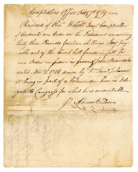 Lot - Abraham Baldwin, Rare Constitution Signer, Signed Receipt of ...