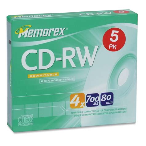 Memorex CD Rewritable Media, CD-RW, 4x, 700 MB, 5 Pack Slim Jewel Case ...