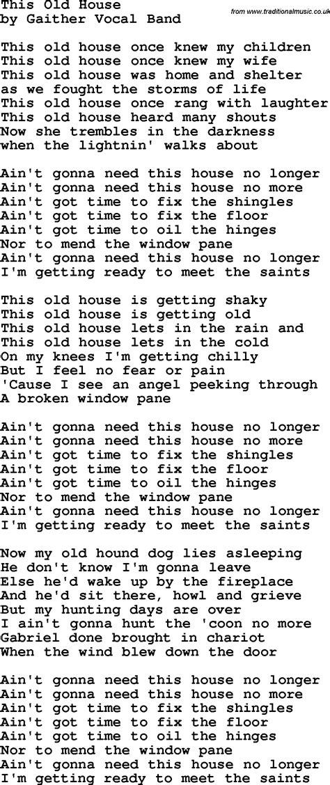 Country, Southern and Bluegrass Gospel Song This Old House lyrics