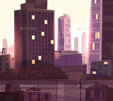 Sunset Over Cartoon City | City cartoon, City vector, Beautiful sunset