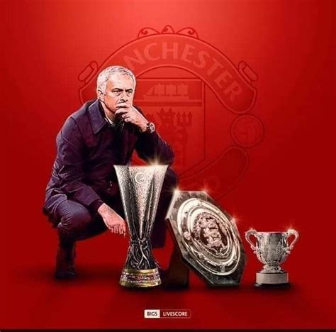 Jose Morinho with three trophys won while manager of Manchester United ...