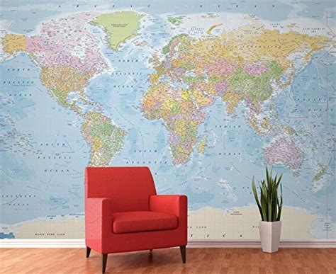 1Wall Modern Educational Blue World Map Wallpaper Mural 3.15 x 2.32m, Wood, 1 x 315 x 232 cm ...