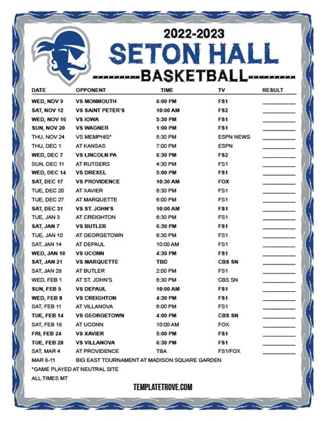 Printable 2022-2023 Seton Hall Pirates Basketball Schedule