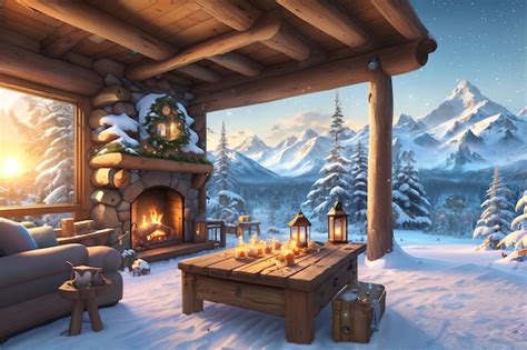 Premium AI Image | A winter scene with a fireplace and mountains in the ...