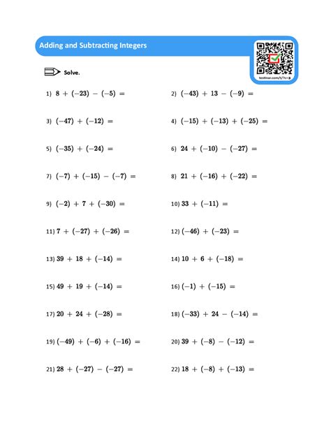 Addition And Subtraction Of Integers Worksheets