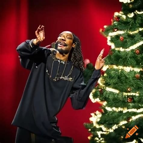 Snoop dogg dancing in front of a christmas tree