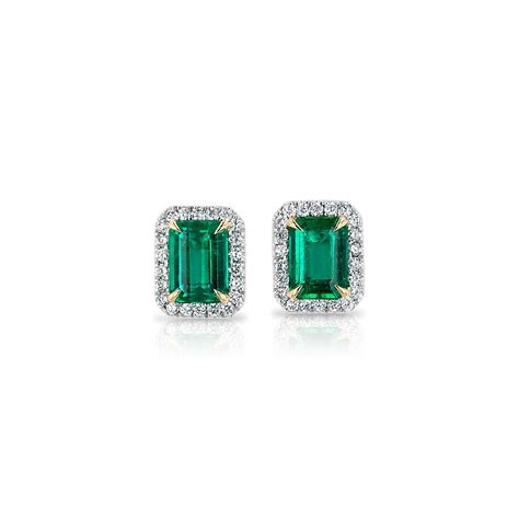 Emerald-Cut Emerald Stud Earrings with Diamond Halo in 14k White Gold ...