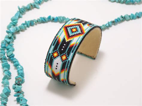 Native American Beaded Cuff Bracelet In Turquoise by LJGreywolf