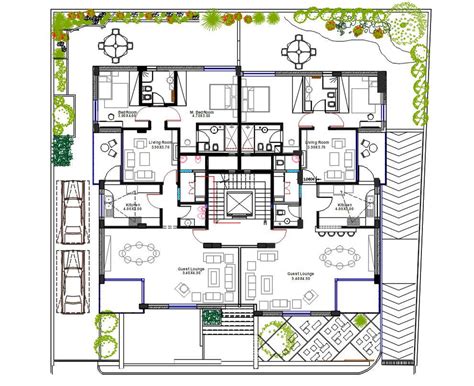 2 BHK Luxurious Apartment House Plan With landscaping Design - Cadbull