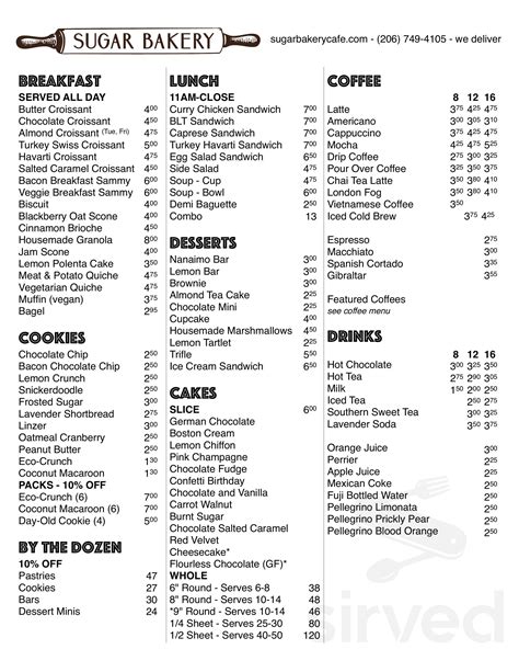 Sugar Bakery & Cafe menu in Seattle, Washington, USA