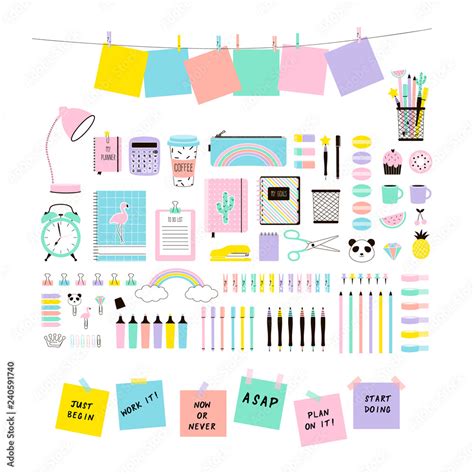 pastel colours cute Office Stationery and School Supplies set, Flat Vector Graphics, Planner ...