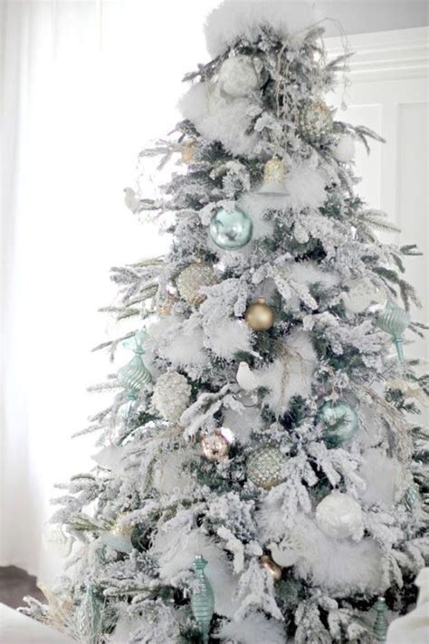 fluffy snowy tree with pastel ornaments | White christmas trees, White ...