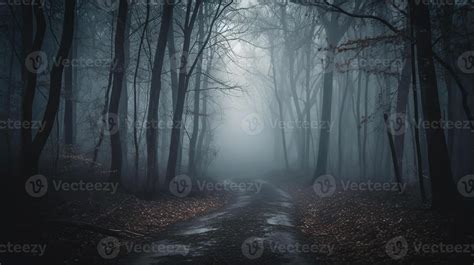 Fog In Spooky Forest At Moon Light On Asphalt. 27077871 Stock Photo at Vecteezy