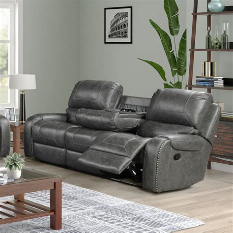 Achern Gray Leather-Air Nailhead Manual Reclining Sofa with USB Port - Walmart.com - Walmart.com