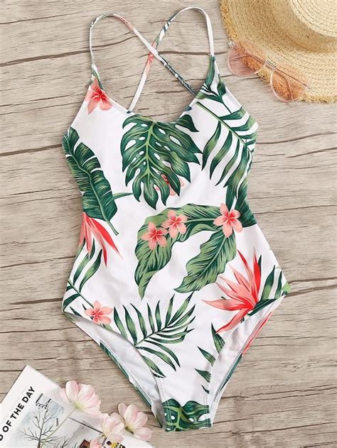 Tropical Print Lace-up Back One Piece Swimsuit | SHEIN | Womens ...