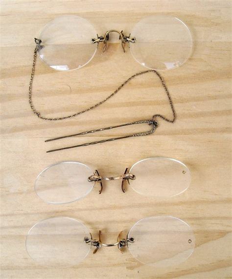 Victorian antique eyeglasses with chain and hairpin, 3 hard bridge pince-nez spectacles ...