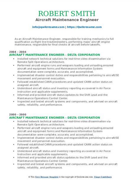 Aircraft Maintenance Engineer Resume Samples | QwikResume