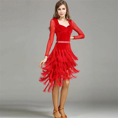 red black velvet latin ballroom dress modern dance costume samba latin dress fringe Latin dance ...