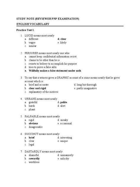 Study Note (Reviewer PNP Examination) English Vocabulary Practice Test I. D. Clear | PDF