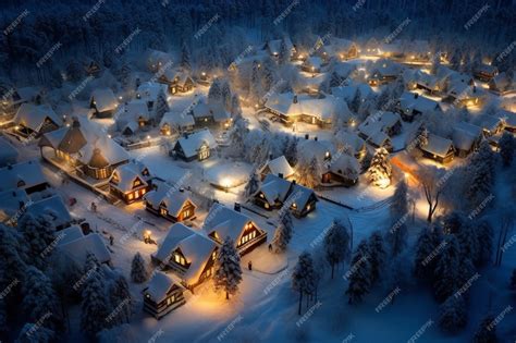 Premium AI Image | A snowy village at night with a snowy roof and lights