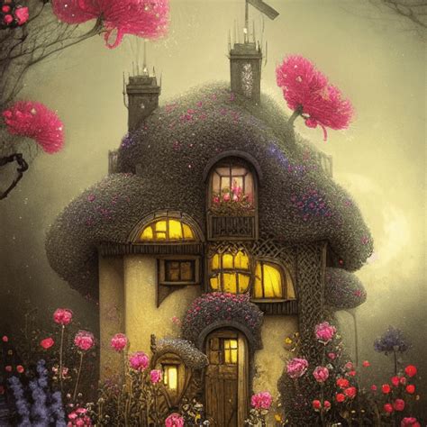 Whimsical Cottage with Flowers on a Bed of Water · Creative Fabrica